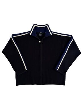 Tristan & America Y2K Navy Zip-Up Sweater with White Stripe Trim